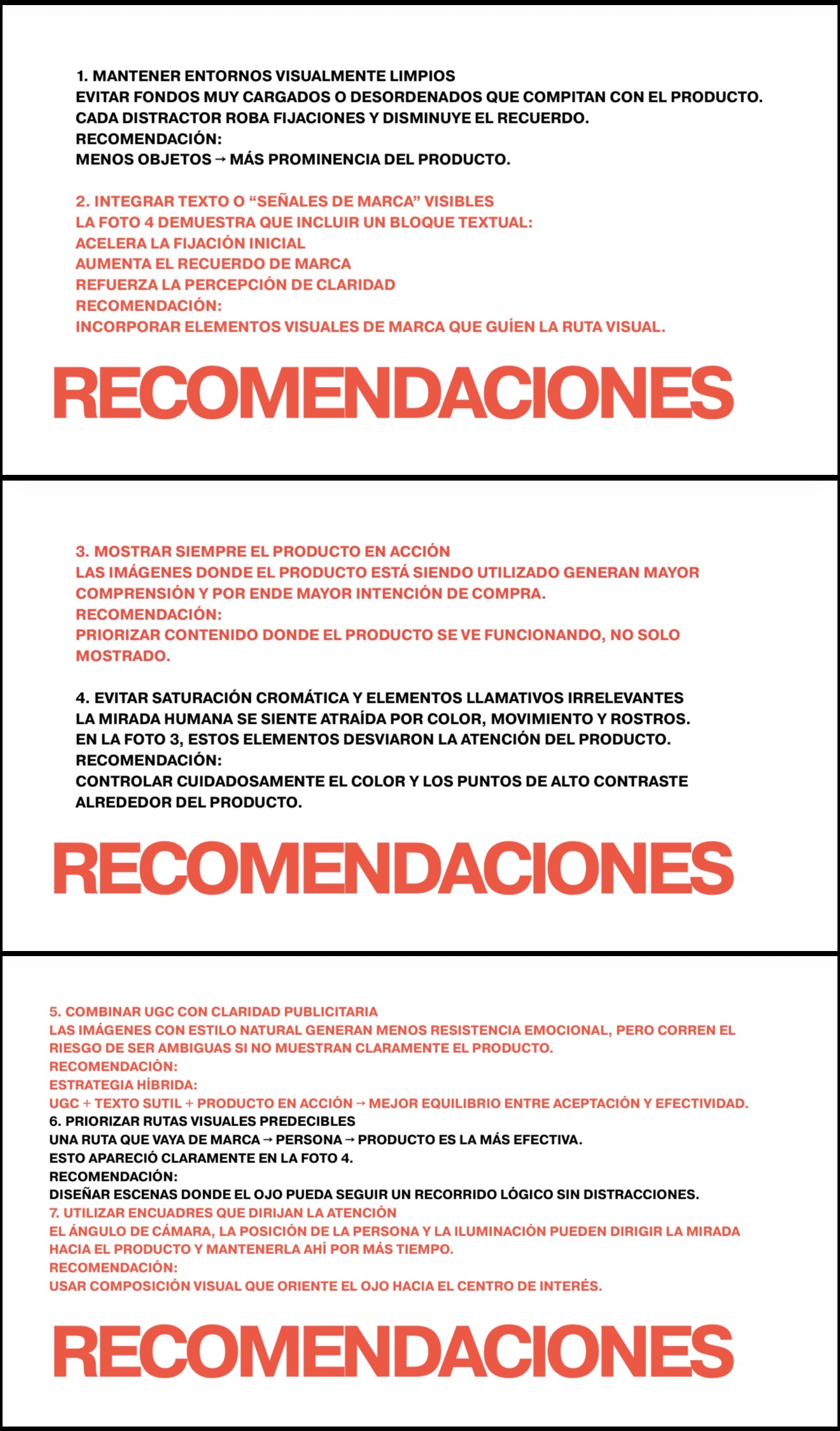 Láminas con recomendaciones del estudio de neuromarketing para mejorar prominencia, claridad, rutas visuales y uso de UGC