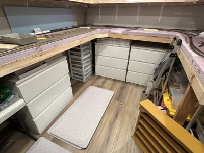Three of the dresser units in the layout room.
