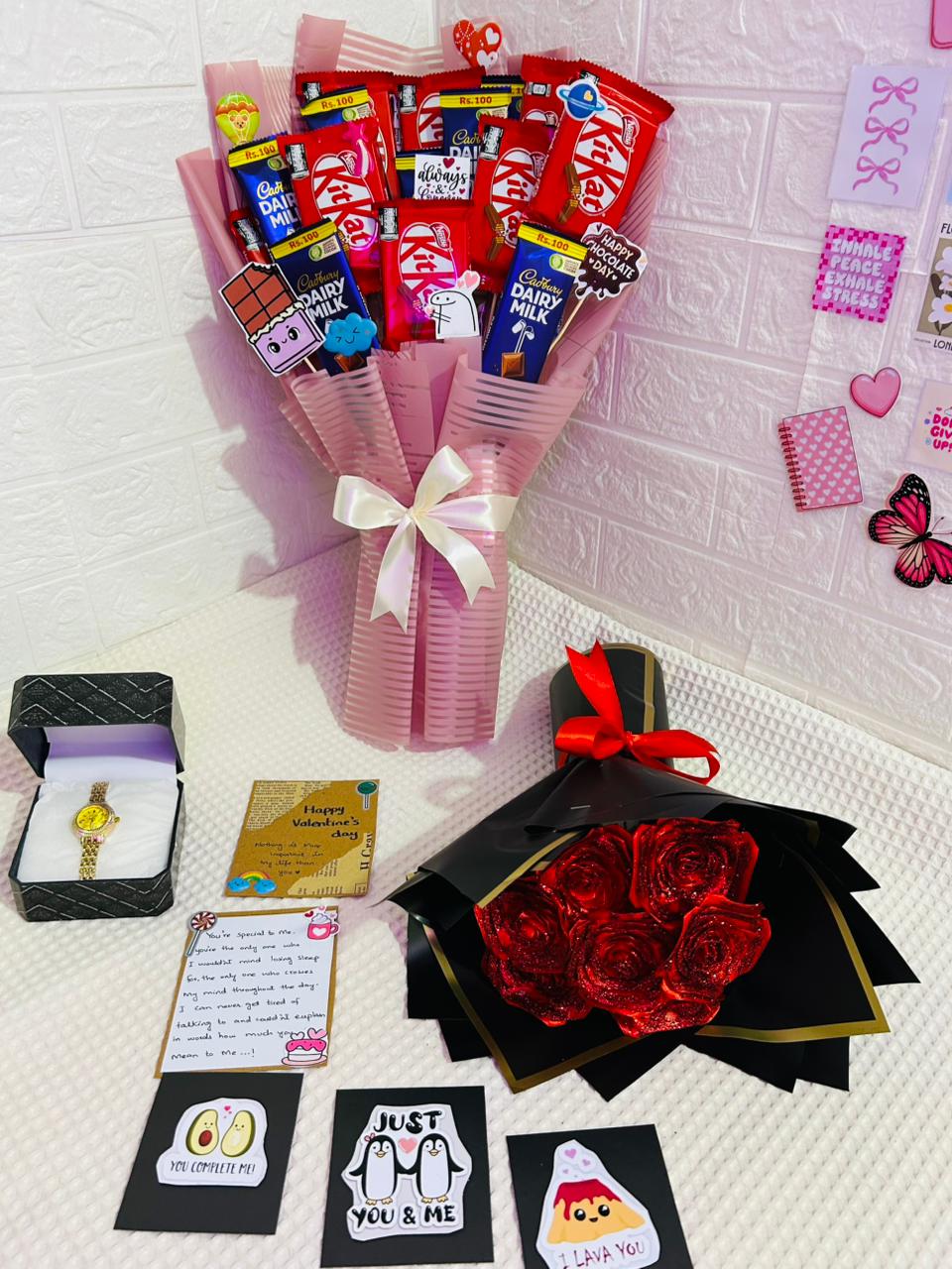 Deal (Flower and chocolate bouquet with handmade cards and Watch)