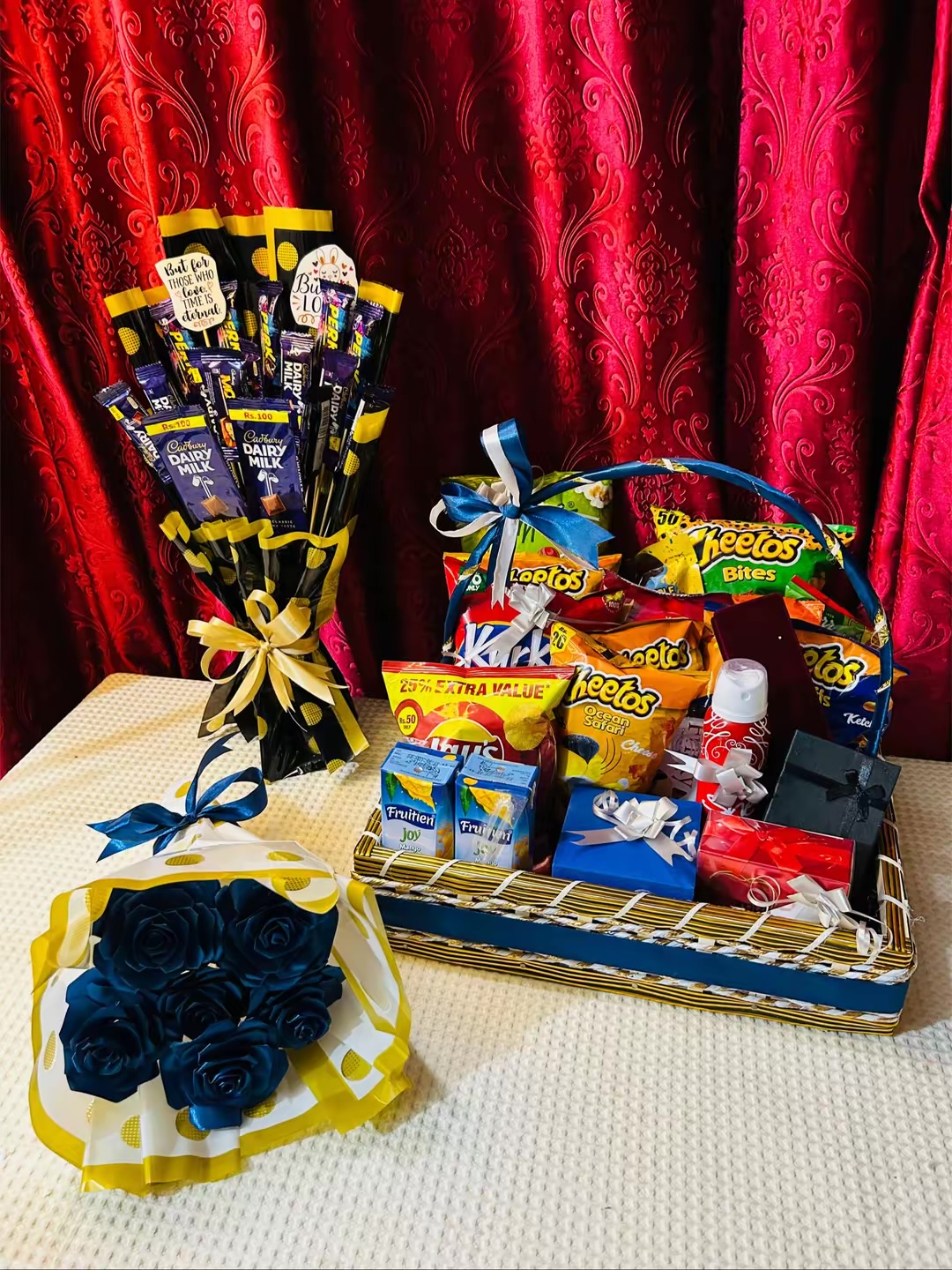 3 in 1 Deal ( Snacks Basket, Chocolate and Flowers bouquet)