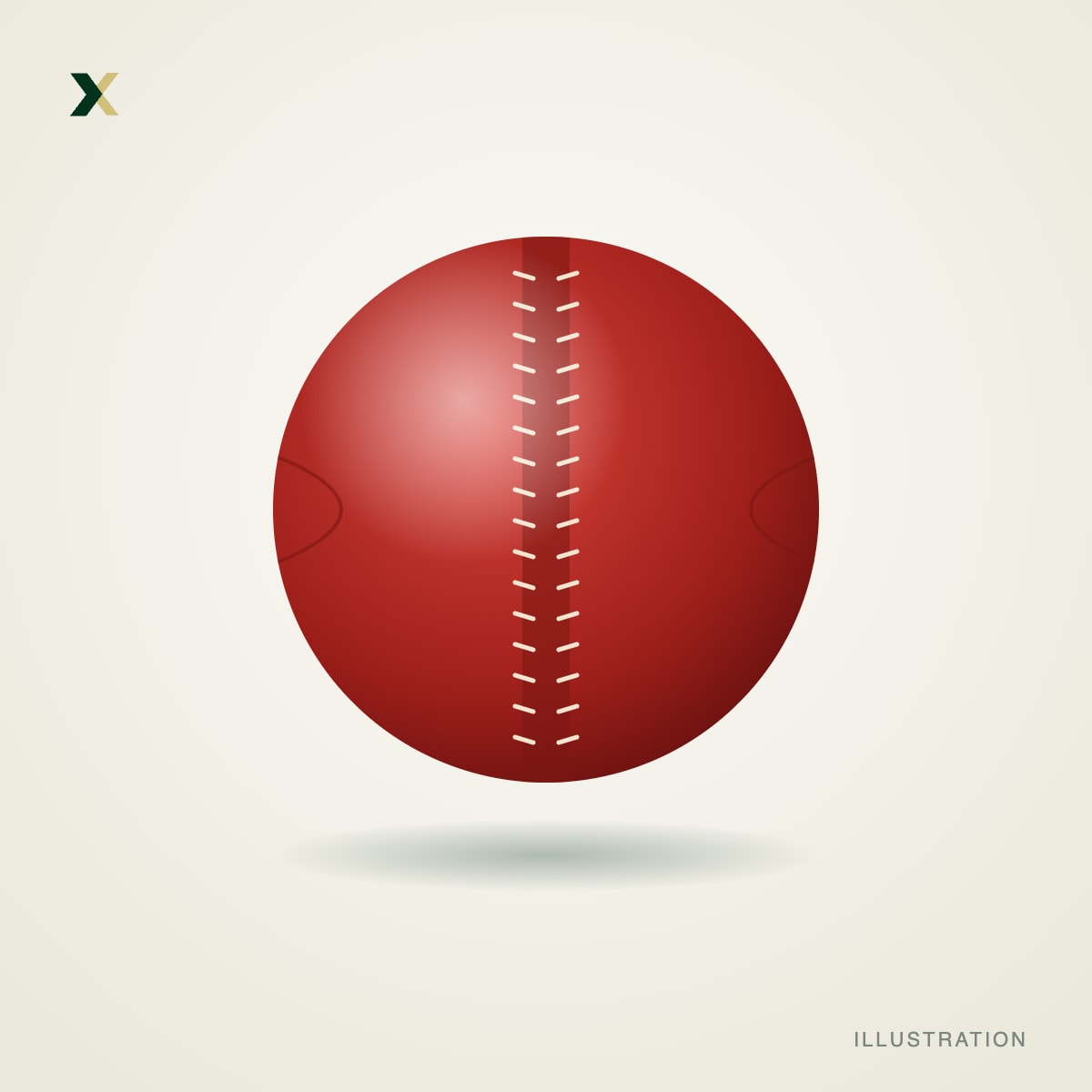 Illustration of a red leather cricket ball with a stitched seam