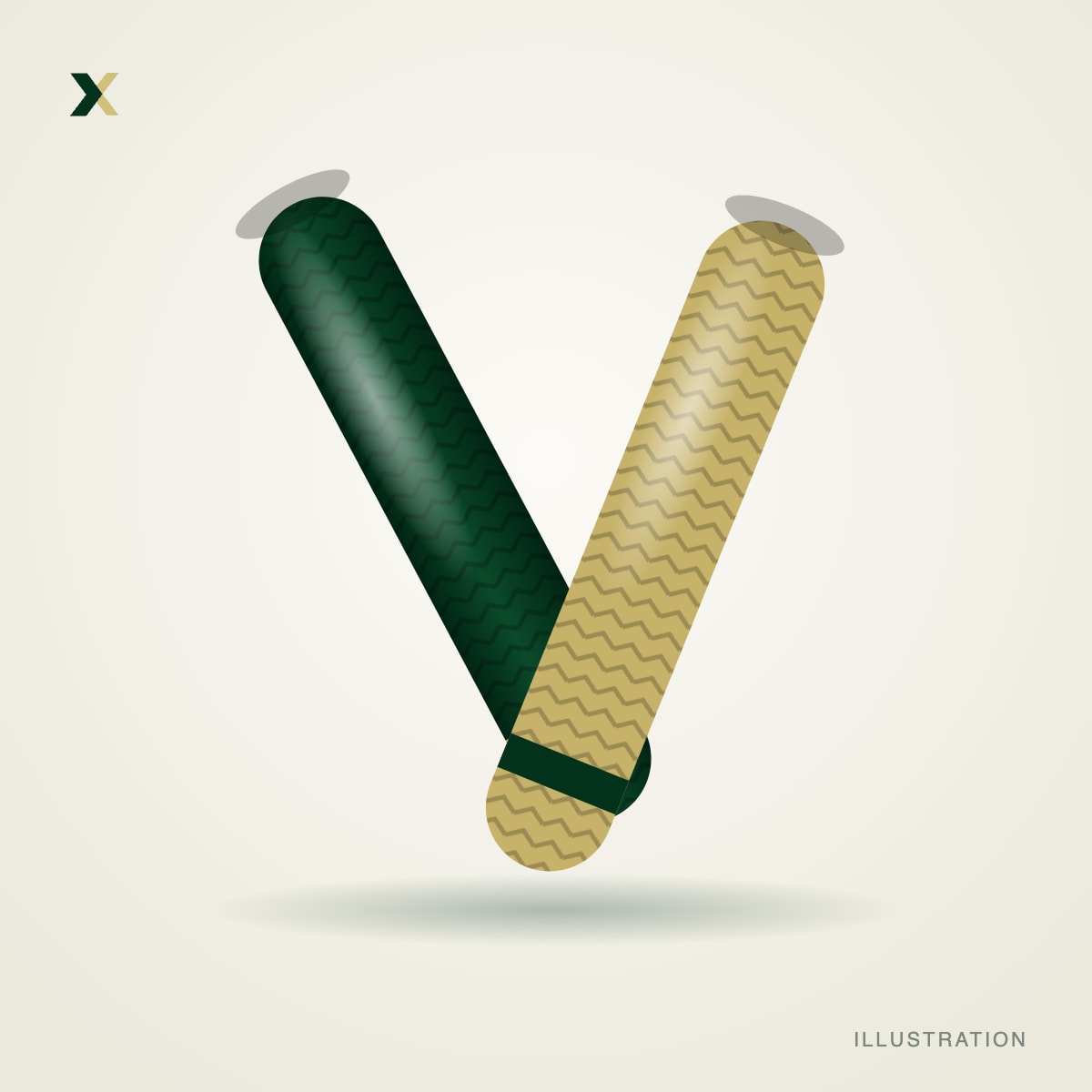 Illustration of two chevron rubber cricket bat grips in green and gold