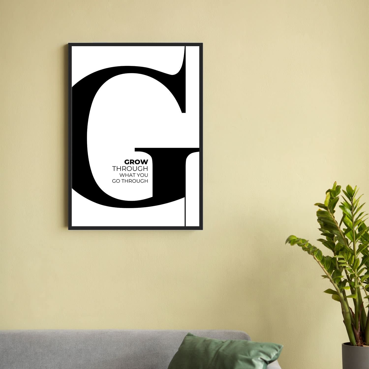 Motivational framed wall art reading Grow Through What You Go Through on a study wall