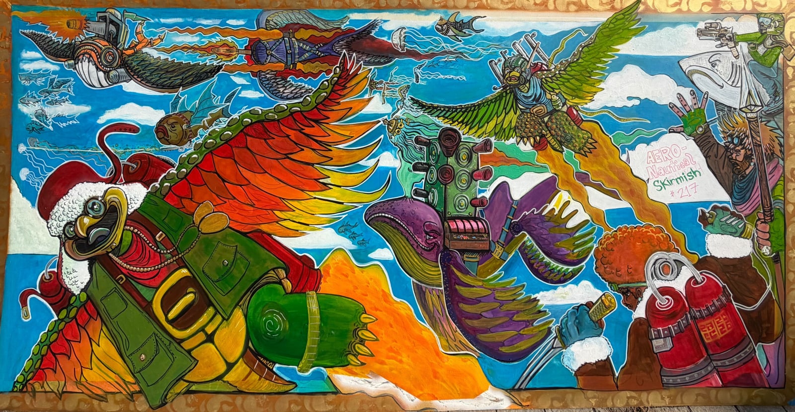 Aero-Nautical Skirmish #217 mural featuring colorful flying bird and whale characters in a blue sky