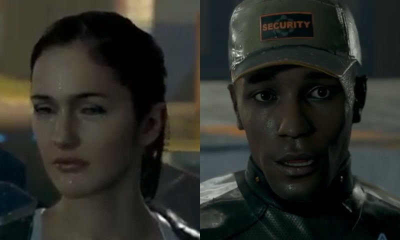 刺した直後のノース（左）、続いて映る警備アンドロイド（右）