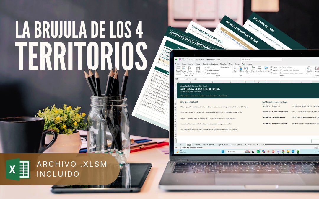 Vista previa de La Brújula de los 4 Territorios, la plantilla interactiva del Método, mostrada en una laptop