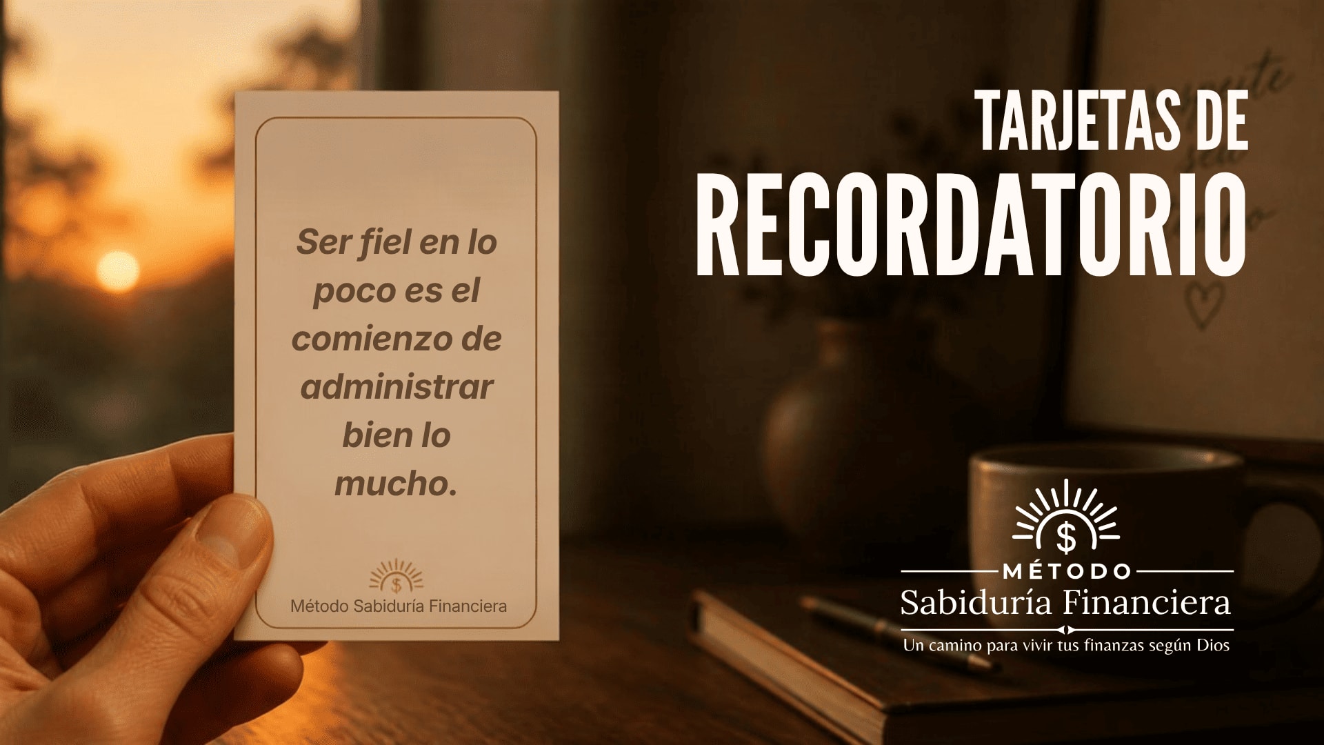 Tarjetas de Recordatorio impresas junto a un teléfono móvil mostrando uno de los cinco fondos de pantalla del Método