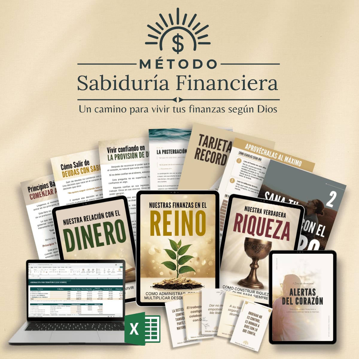 Los 3 libros del Método Sabiduría Financiera junto a los 3 Bonos de Activación —la Brújula, las Tarjetas de Recordatorio y el devocional Alertas del Corazón— presentados juntos como la colección completa