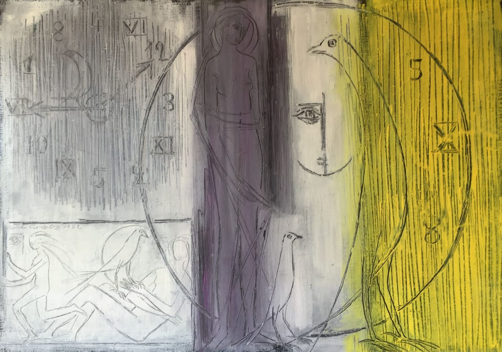 Roberta González, L'Heure exacte (1950), showing a divided composition with linear figures, a bird profile, and clock motifs overlaid on vertical bands of gray, purple, and yellow.