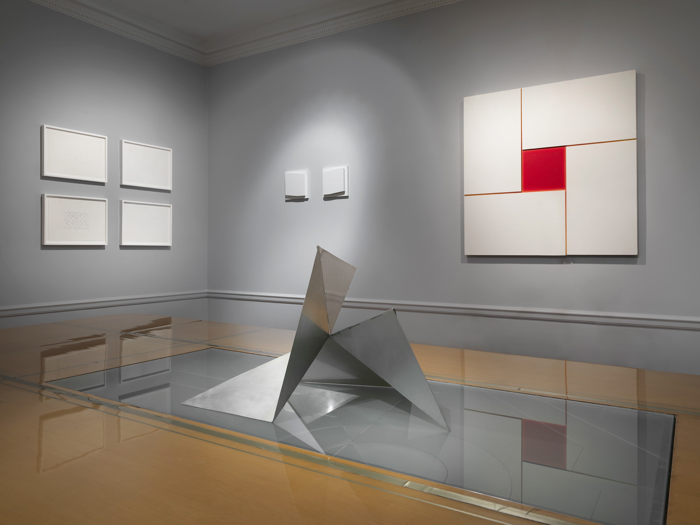 Installation view with works by Elena Asins, Lygia Clark, and José María Yturralde.