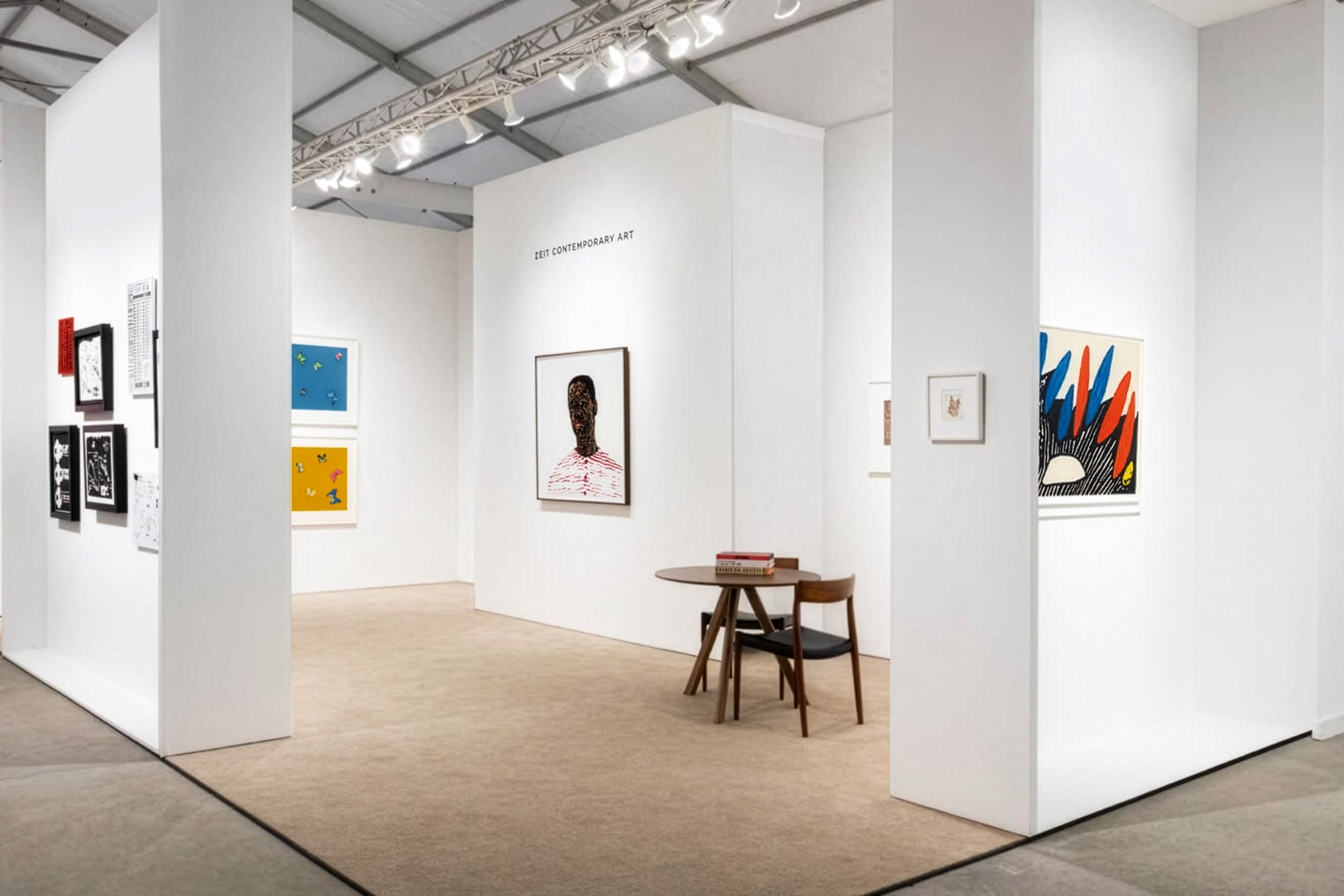 Installation view at Art Miami 2021 in Miami, with framed works displayed across several white booth walls above a round table and chairs.