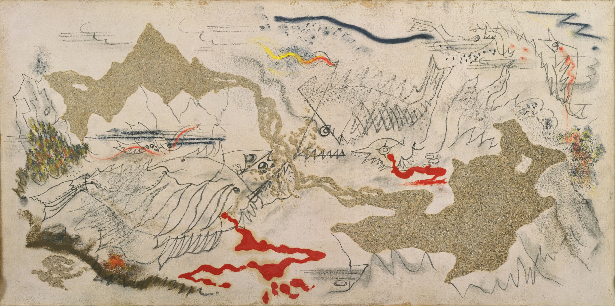 André Masson, Battle of Fishes , 1926. Sand, gesso, oil, pencil, and charcoal on canvas, 14 1/4 × 28 3/4 in. (36.2 × 73 cm). The Museum of Modern Art, New York. Purchase, 260.1937.