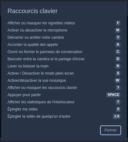 Capture d'écran de la liste des raccourcis clavier