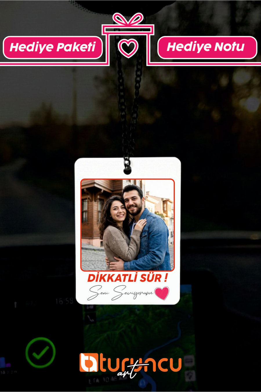 Kişiye Özel Fotoğraflı "Dikkatli Sür" Yazılı Pleksi Araba Süsü, Dikiz Aynası Aksesuarı - Hediyesi