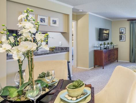 Dining room & living room at Colonial Village at West End luxury apartment homes in Richmond, VA