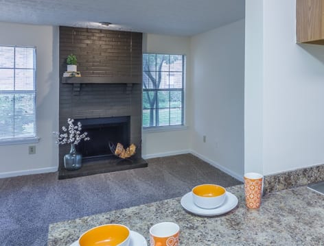Kitchen & living room at Lakepointe luxury apartment homes in Lexington, KY