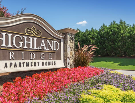 Signage at Highland Ridge luxury apartment homes in Taylors, SC