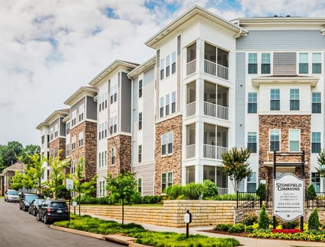 Exterior at Stonefield Commons luxury apartments in Charlottesville, VA