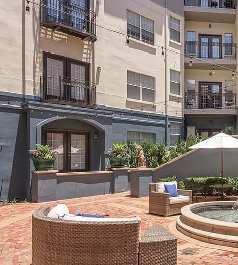 Courtyard Seating & Fountain at Post Vineyard luxury apartment homes in Dallas , TX
