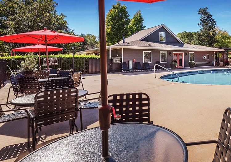 Pool and Seating at Howell Commons luxury apartment homes in Greenville, SC