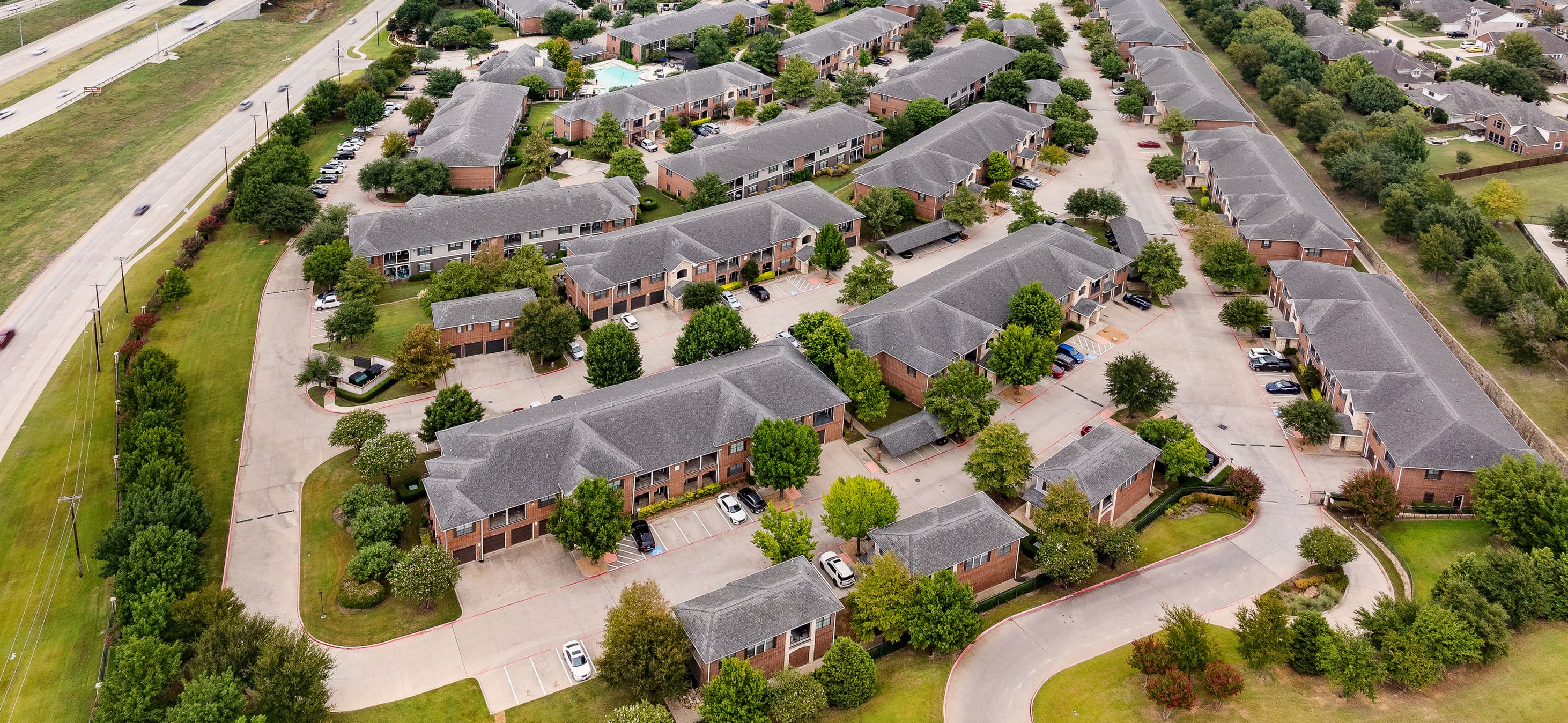 Property aerial at MAA Lowes Farm luxury apartment homes in Mansfield, TX