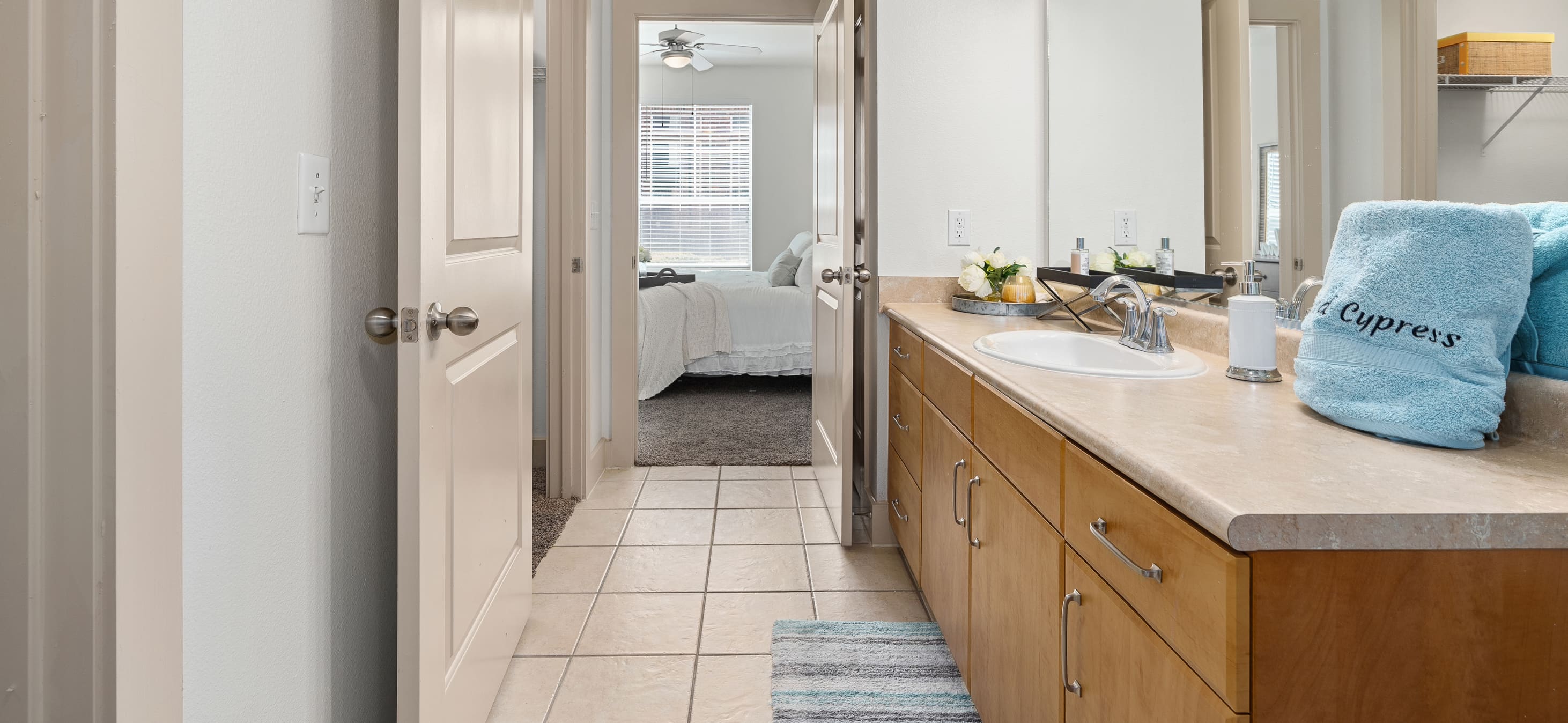 Bathroom at MAA Grand Cypress luxury apartment homes in Cypress, TX