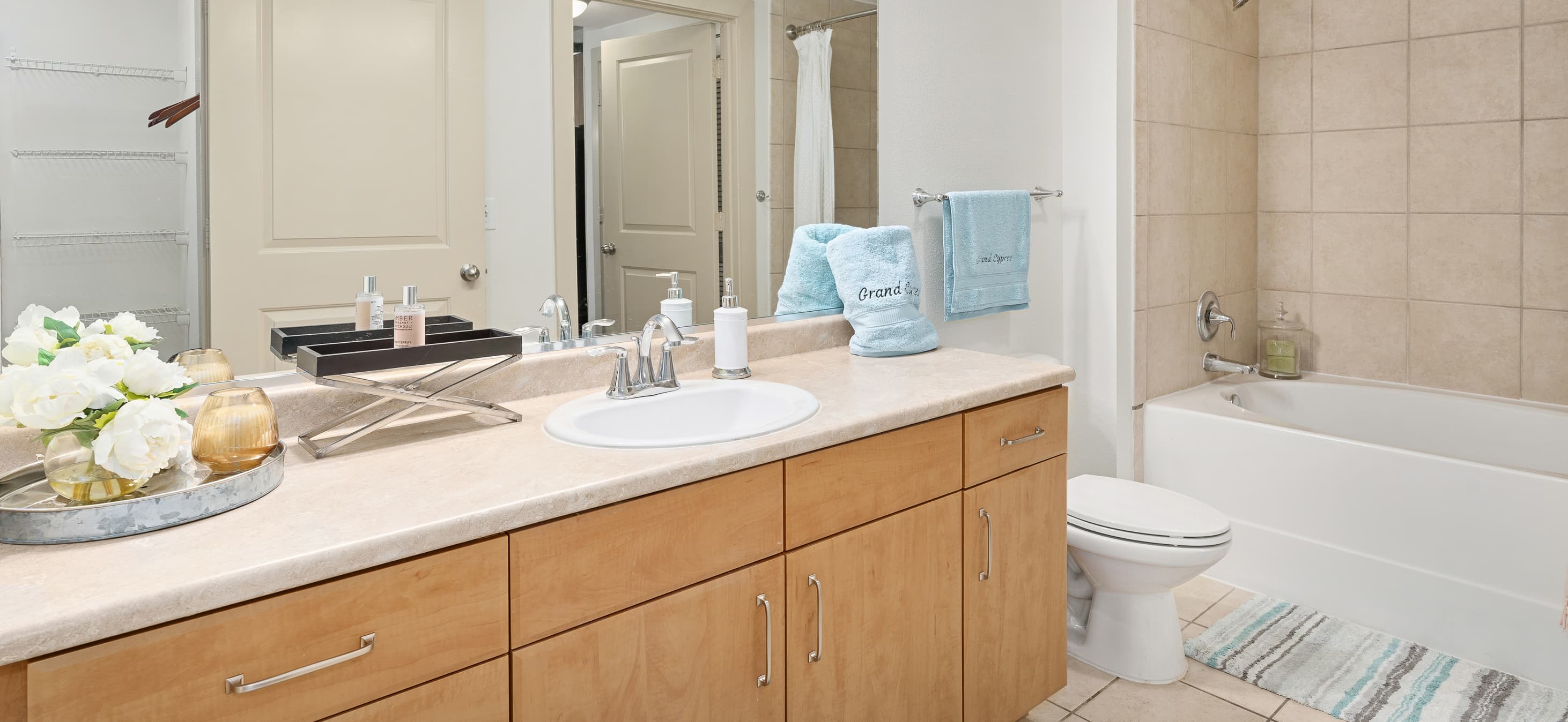 Bathroom at MAA Grand Cypress luxury apartment homes in Cypress, TX