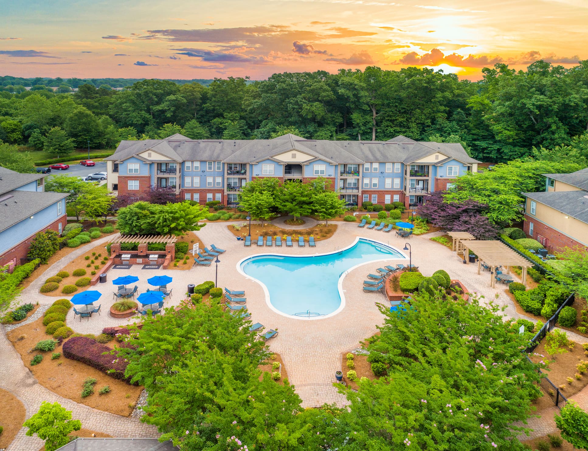 Aerial pool view at MAA Matthews Commons luxury apartment homes in Charlotte, NC