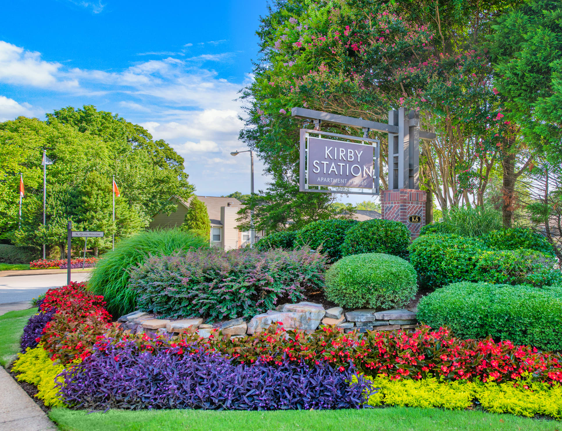 Welcome sign at Kirby Station luxury apartment homes in Memphis, TN