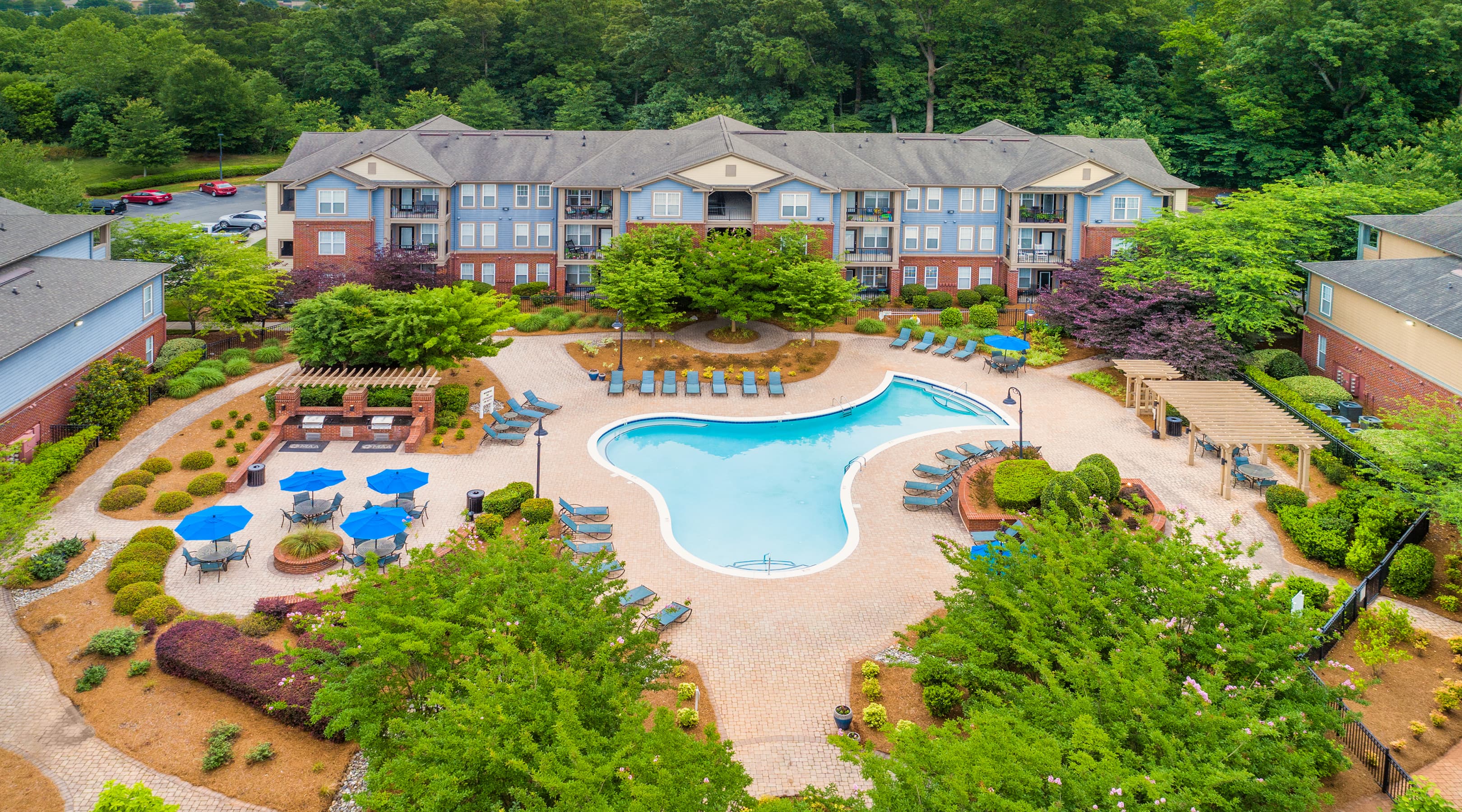Aerial pool view at MAA Matthews Commons luxury apartment homes in Charlotte, NC