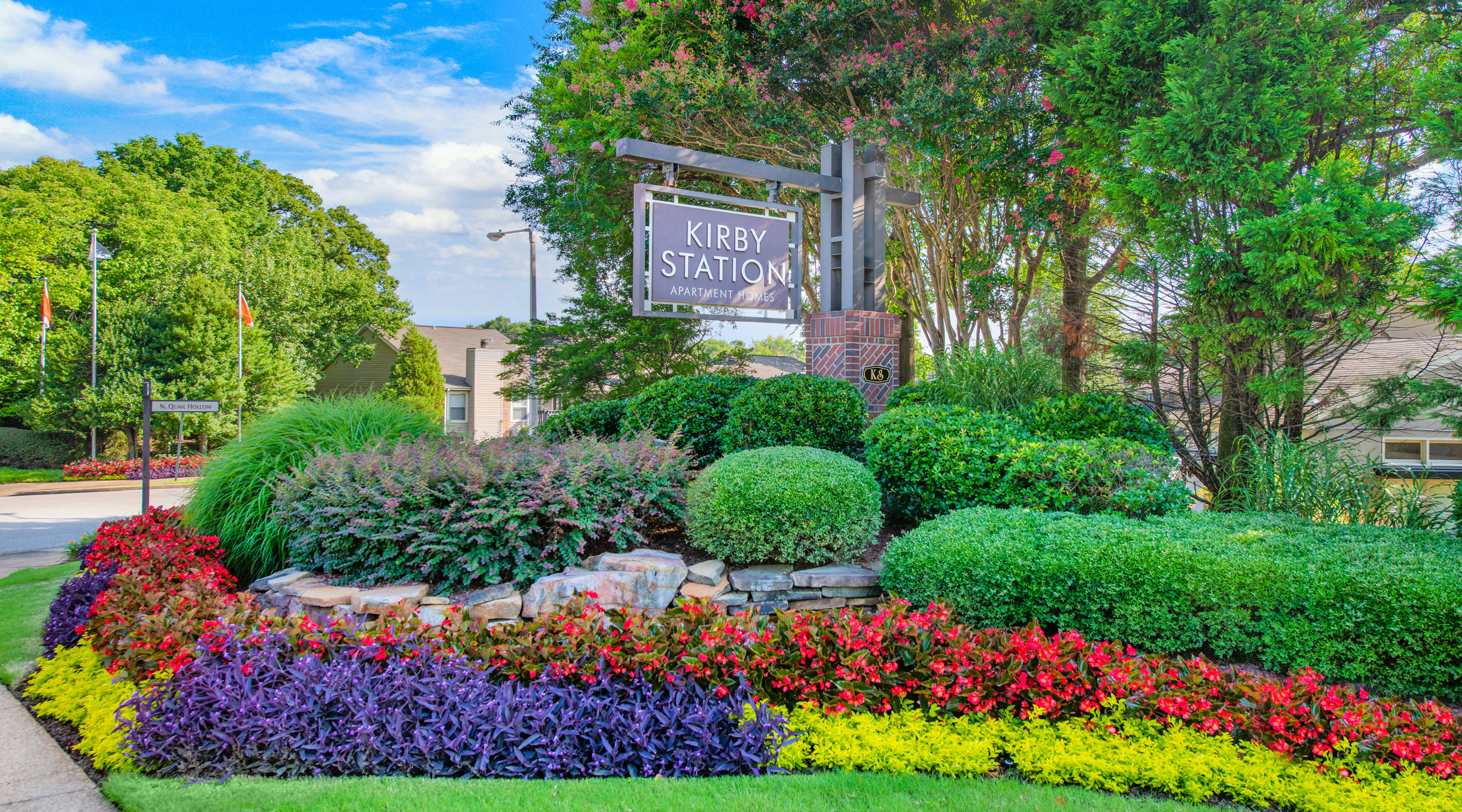 Welcome sign at Kirby Station luxury apartment homes in Memphis, TN