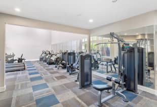 Carpeted fitness center with weight machine stations at MAA Shiloh luxury apartments in Kennesaw, GA