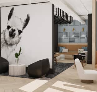 Upscale community clubhouse with stylish hanging light fixtures above lounge sitting area on an area rug, chairs surrounded by floor length wall art at MAA Plaza Midwood luxury apartments in Charlotte, NC