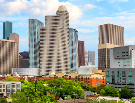 Houston Downtown view at Post Midtown Square luxury apartment homes in Houston, TX