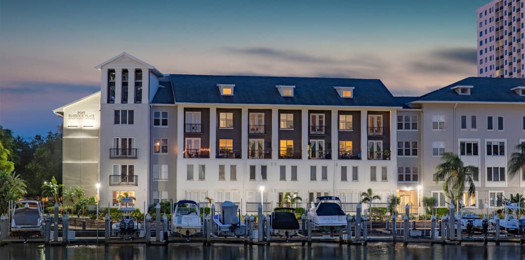 Exterior Over Water at Night2 at Post Harbour Place luxury apartment homes in Tampa, FL
