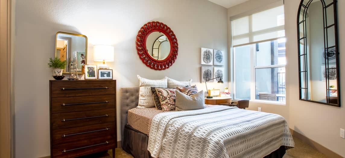 Bedroom at Post River North luxury apartment homes in Denver, CO