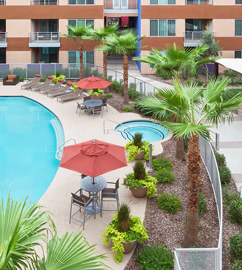 Balcony overlooking Pool at Sky Song luxury apartment homes in Phoeniz, AZ