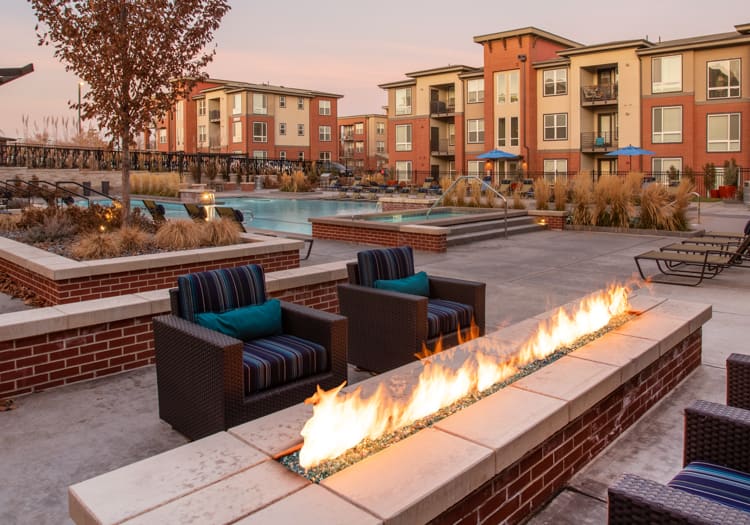 Patio fire pit at Sync36 luxury apartment homes in Westminster, CO