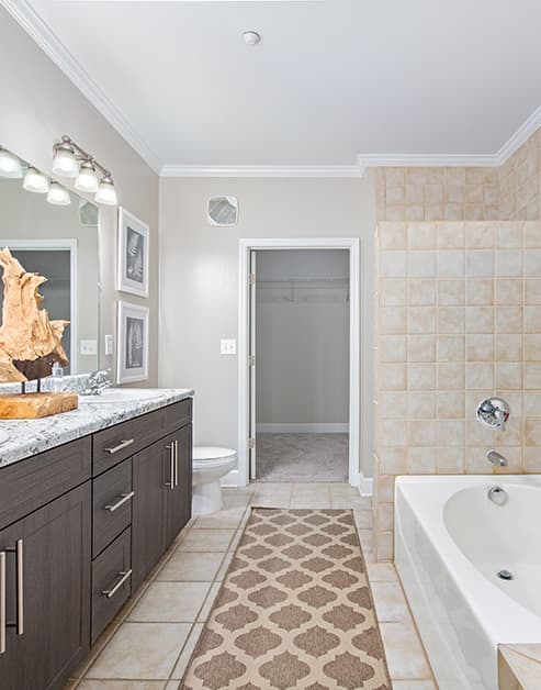 Modern-style bathroom with dark cabinets, granite countertop and a bathtub at MAA West Village luxury apartments in Smyrna, GA