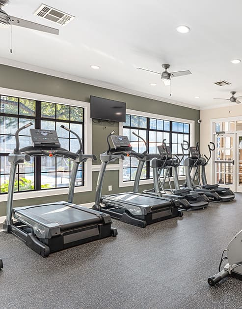 Fitness center with ceiling fans, wall mounted TV and row of treadmills next to large picture windows at MAA Haven at Blanco luxury apartments in the San Antonio, TX