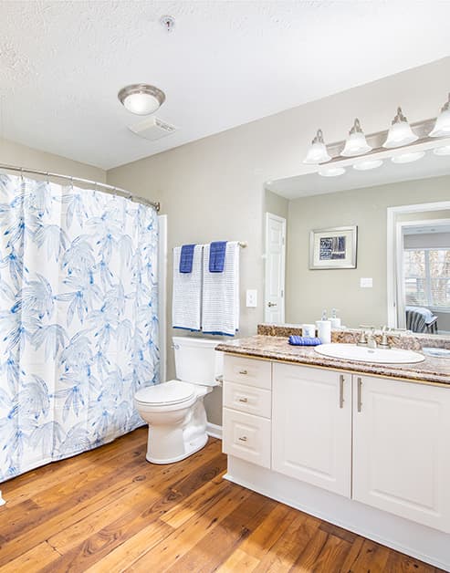 Spacious upscale bathroom with light-colored cabinets and large vanity mirror at MAA Berkeley Lake luxury apartments in Duluth, GA