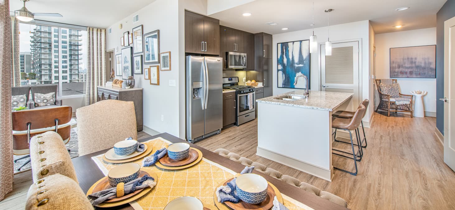 Kitchen and dining area at MAA Midtown luxury apartment homes in Atlanta, GA