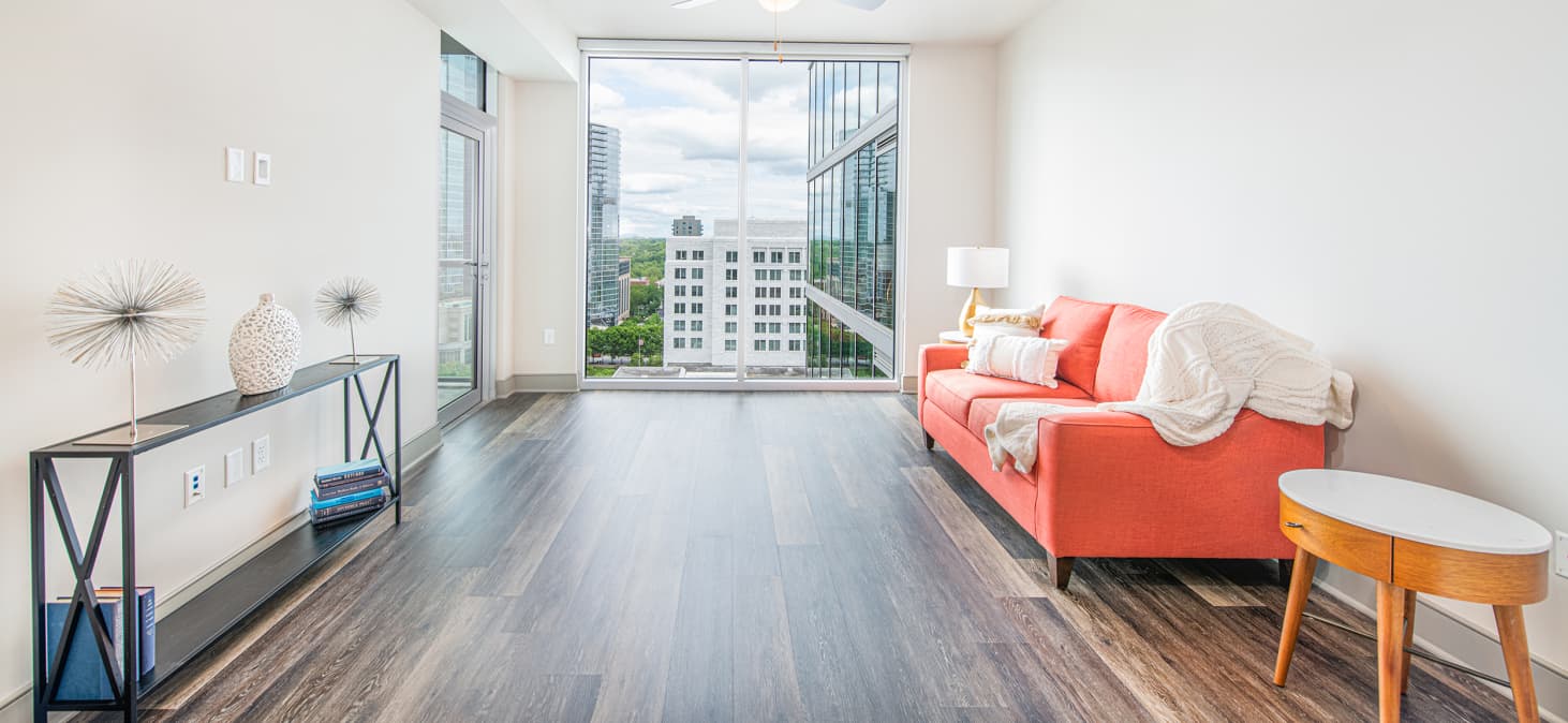 Living room 2 at MAA Midtown luxury apartment homes in Atlanta, GA