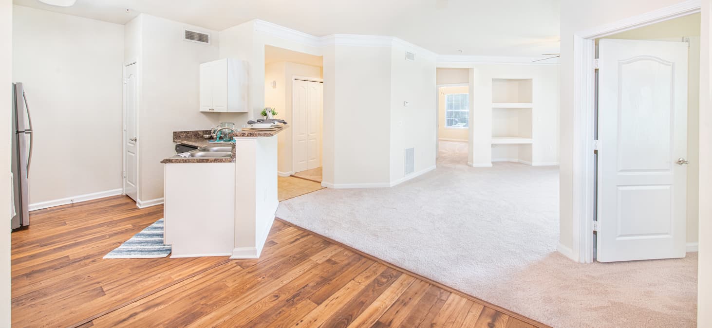 Kitchen and living area at MAA Wilmington Island luxury apartment homes in Savannah, GA