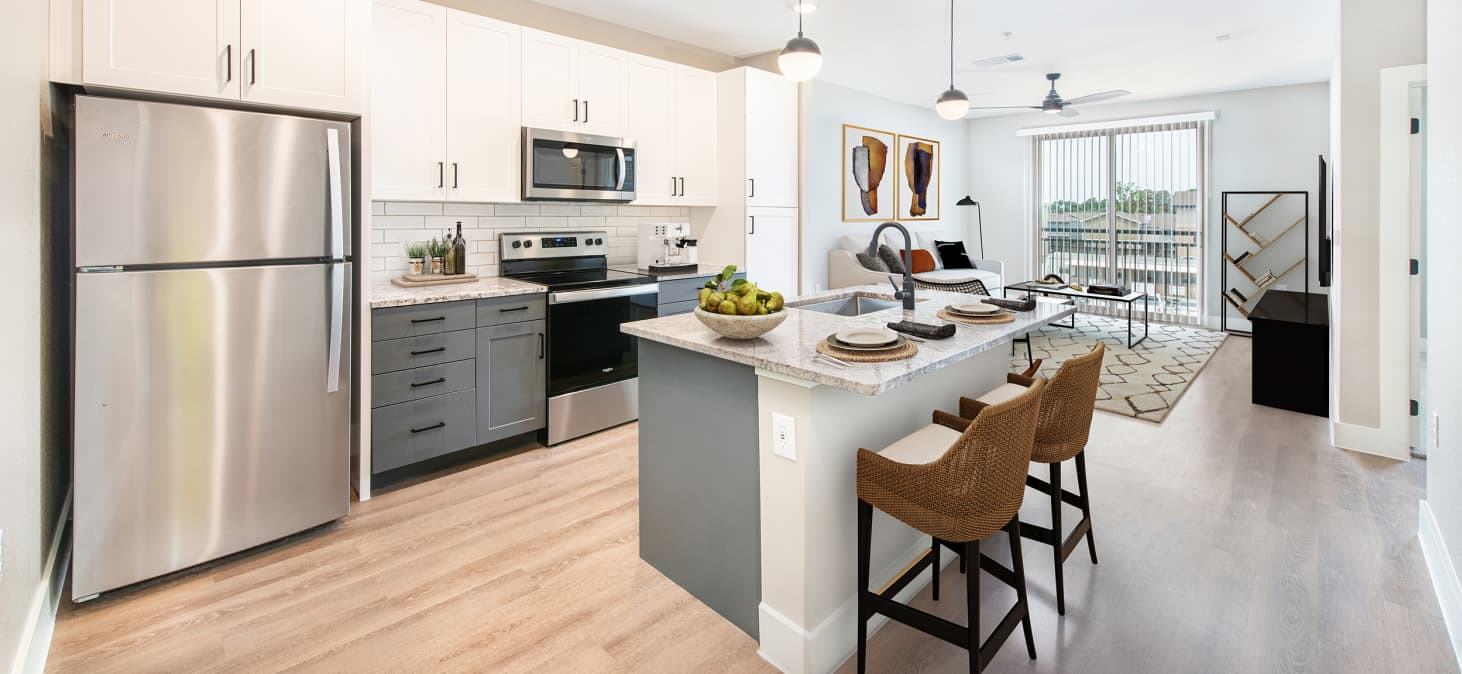 Kitchen and Living room area at MAA Park Point in Houston, TX