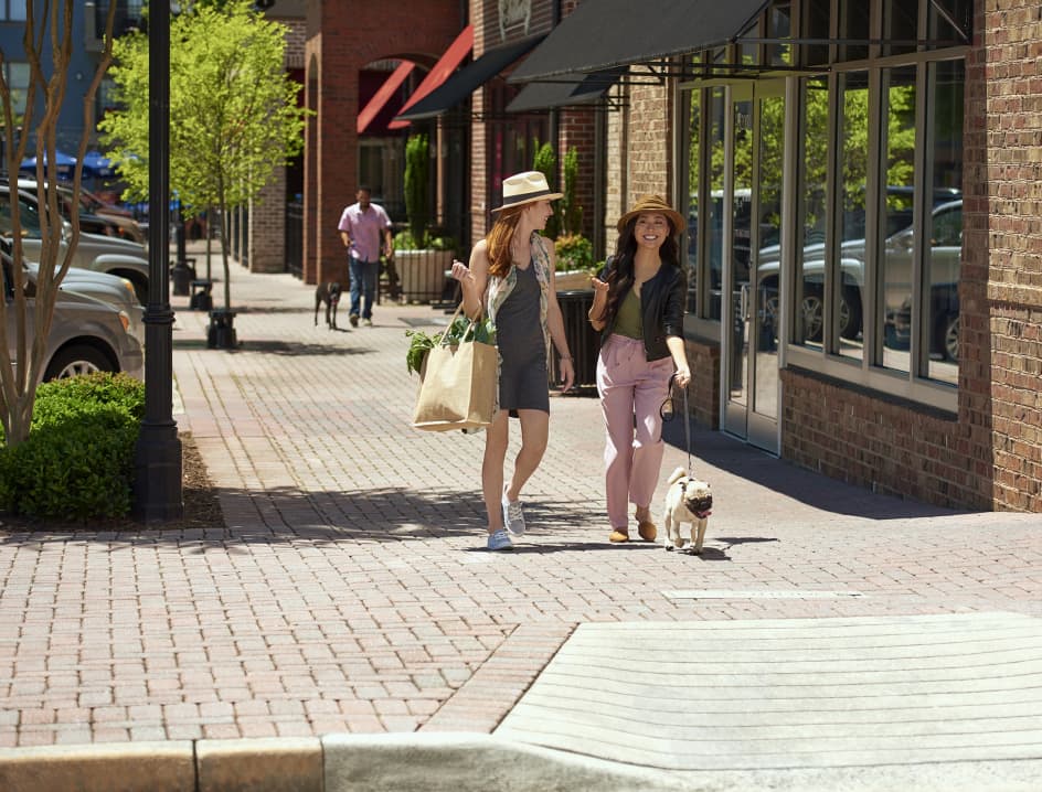 Two women walking with dog near retail shops