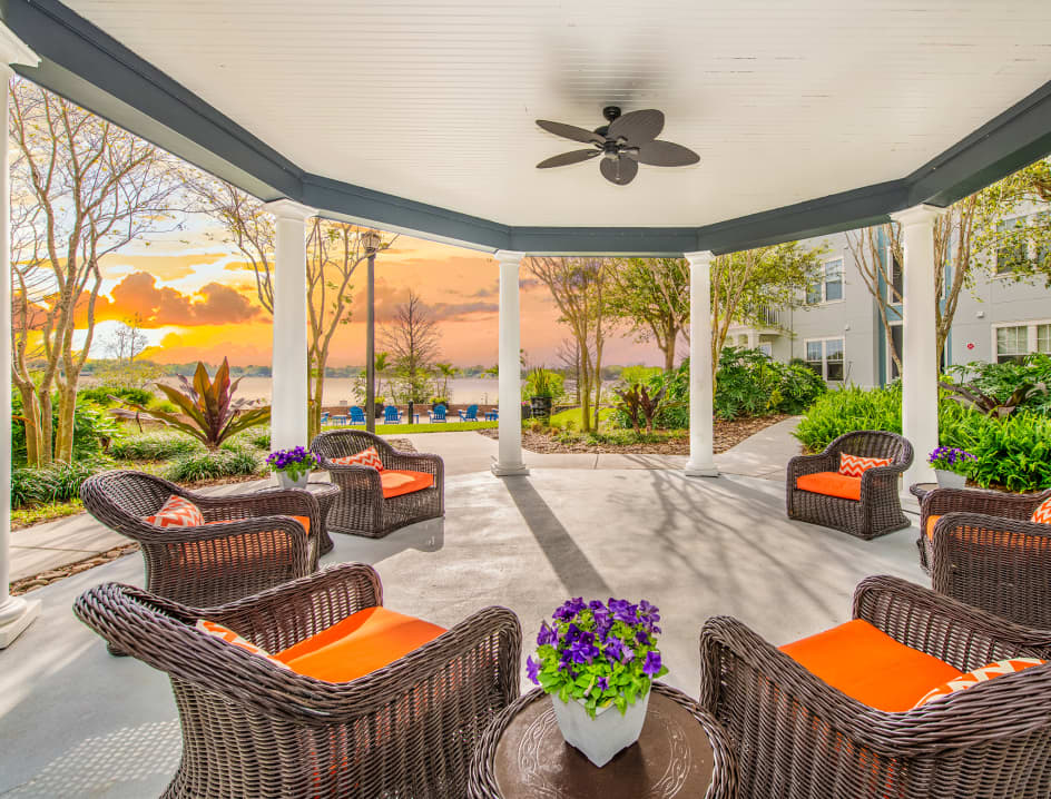 Lake view terrace at MAA Baldwin Park luxury apartment homes in Orlando, FL