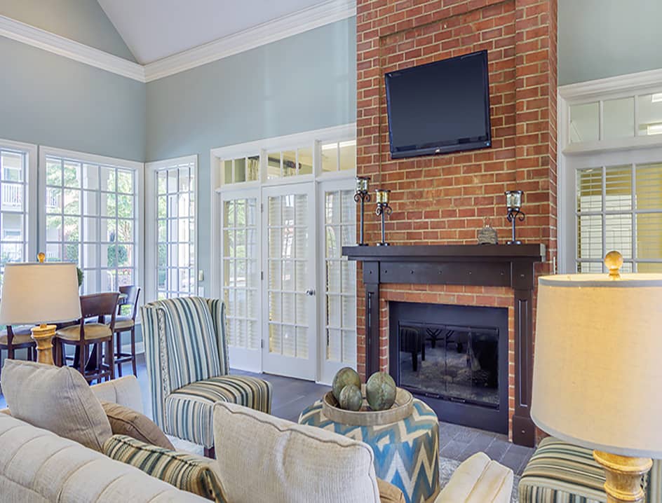 Clubhouse Fireplace at MAA City Grand luxury apartment homes in Charlotte, NC