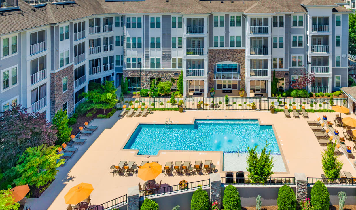 Aerial Pool View at Stonefield Commons in Charlotteville, VA