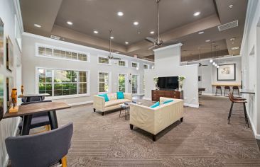 Residential lounge area with couches, television, tables and chairs at MAA Briarcliff luxury apartments in Atlanta, GA